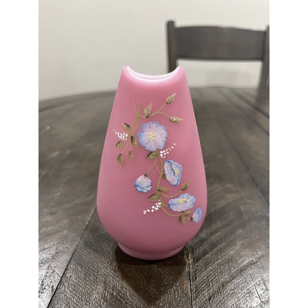 Fenton Rose Quartz Glass Vase Morning Glories Decoration 1980's - 4.5" Signed
